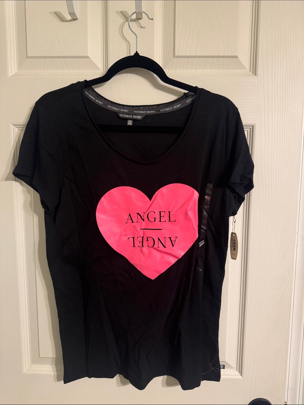 Victoria's Secret Black Tee with Neon Pink Heart "Angel" Graphic